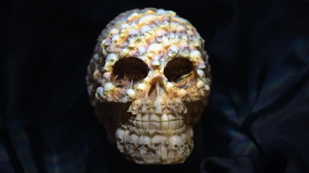 Lichtspiel Auf Einem Souvenir Dekorativen Künstlichen Menschlichen Schädel — Stockvideo