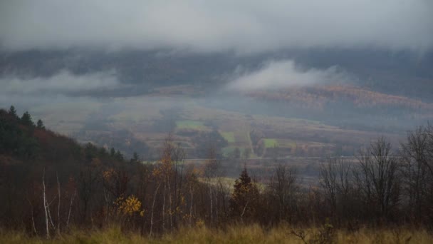 山間部で霧が立ち込める秋の風景のタイムラプス — ストック動画