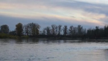 Bir sonbahar manzarasının zamanı Dağ nehri üzerindeki sisli