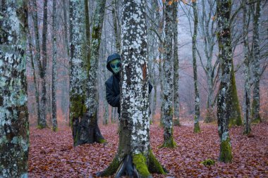 Uzaylı maskeli bir yaratık ormandaki bir ağaç gövdesinin arkasından dikizliyor.