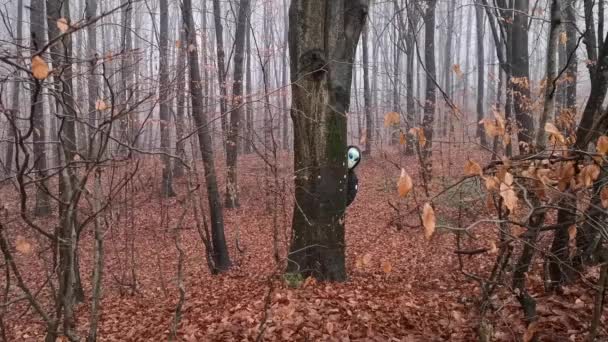 一个戴着陌生面具的生物从森林里的树干后面窥探出来 — 图库视频影像