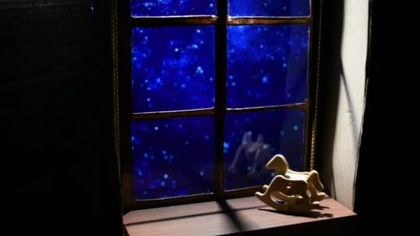 Children Rocking Chair Background Starry Sky Window — Stock Video