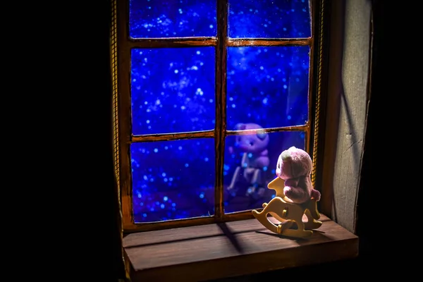 Children Rocking Chair Background Starry Sky Window Night — Stock Photo, Image