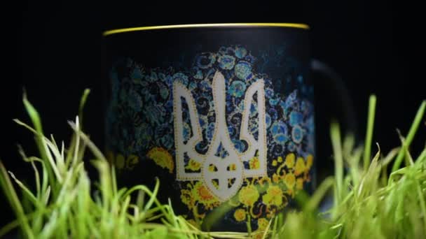Mug Dengan Cetakan Trisula Ukraina Tengah Rye Sprouts — Stok Video