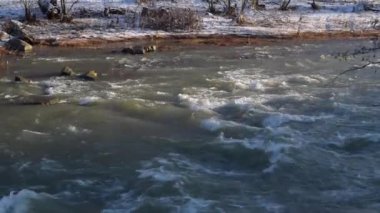 Karpatlar 'da kışın akan dağ nehri