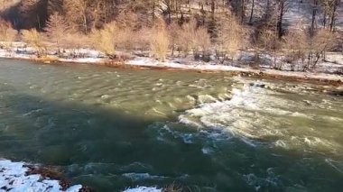 Karpatlar 'da kışın akan dağ nehri