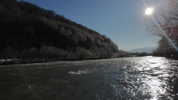 Потік Гірської Річки Зимових Карпатських Горах — стокове відео