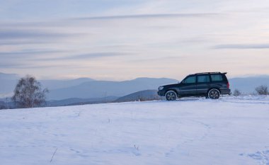 SUV kışın Karpatlar 'da seyahat eder.