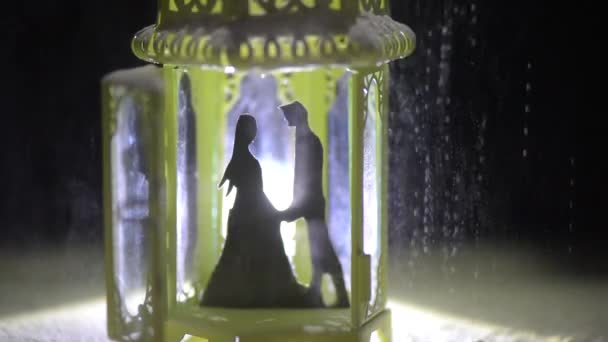 Metaphorical Romantic Installation Contours Man Woman Gazebo Night Snowfall — 图库视频影像