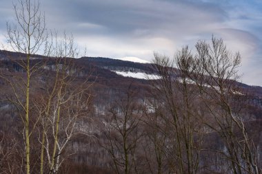 Kış günbatımında karla kaplı bir dağ manzarası
