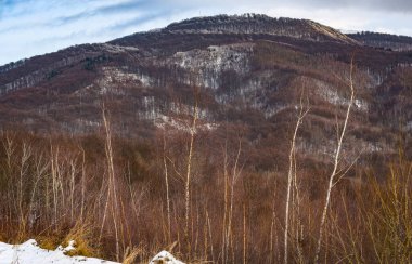 Kış günbatımında karla kaplı bir dağ manzarası