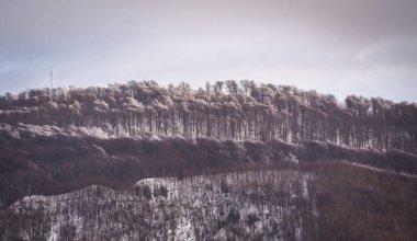 Kış günbatımında karla kaplı bir dağ manzarası