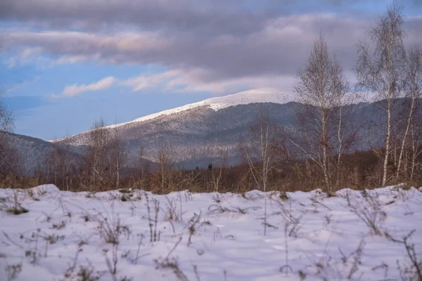 Пейзаж Покрытой Снегом Горой Час Зимнего Заката — стоковое фото