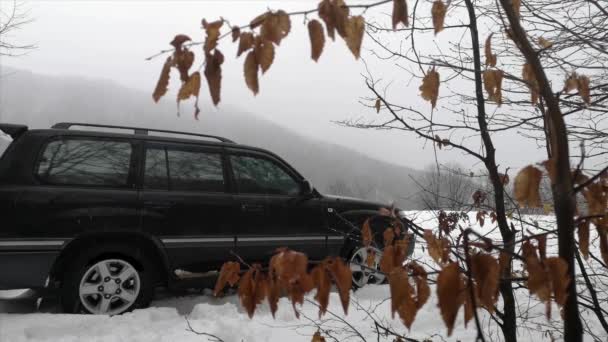 越野车在喀尔巴阡山脉冬季行驶 — 图库视频影像
