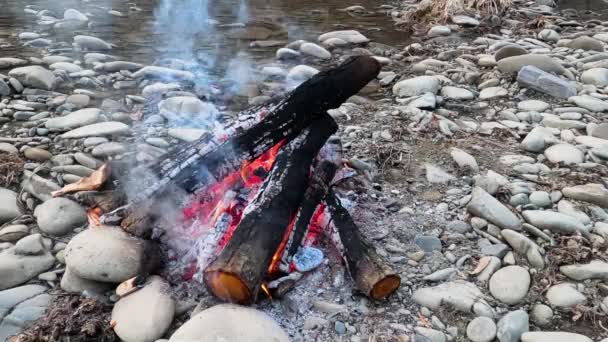 Lagerfeuer Ufer Des Abendlichen Gebirgsflusses — Stockvideo