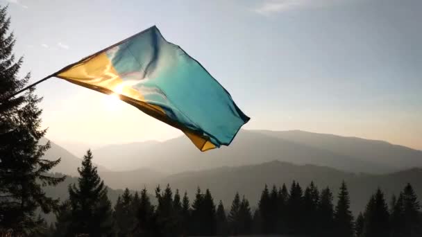 Ukrainian Flag Sunlight Flutters Backdrop Mountains — Stock videók