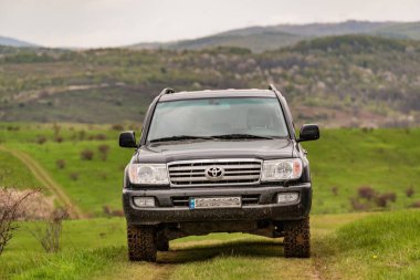 SUV baharda Karpatlar 'ın dağlık kırsal bölgelerinde dolaşır.