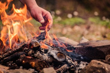 Dağ nehrinin kıyısında yakacak odun yangını