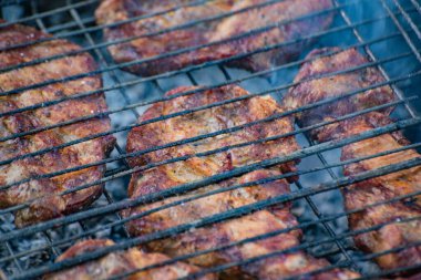 Dağ ormanında ateş üstünde biftek pişirmek.