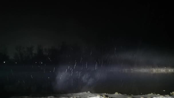 Night Landscape Mountain River Snowfall Puffs Smoke — Stock Video