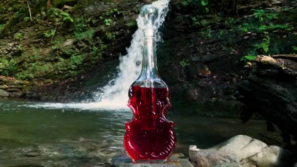 Paisaje Una Cascada Verano Con Una Botella Forma Violín — Vídeos de Stock