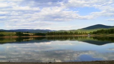 Bir kırlangıç sürüsü gölün yüzeyinde avlanır.