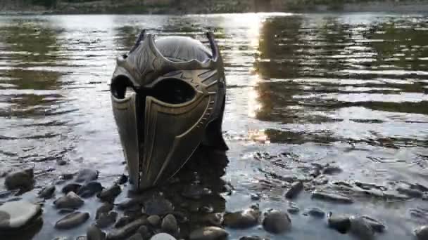 Metaphorical Installation Mountain River Gladiatorial Helmet — стоковое видео