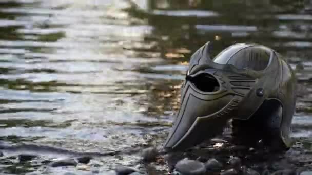 Metaphorical Installation Mountain River Gladiatorial Helmet — Vídeo de Stock