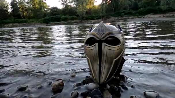 Metaphorical Installation Mountain River Gladiatorial Helmet — ストック動画