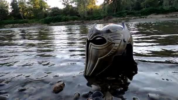 Metaphorical Installation Mountain River Gladiatorial Helmet — стоковое видео