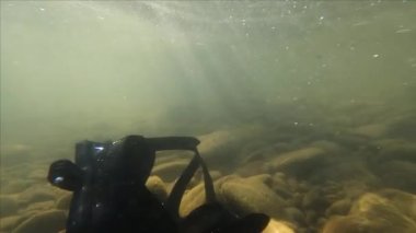 Underwater landscape of sun rays in a mountain river with a mask