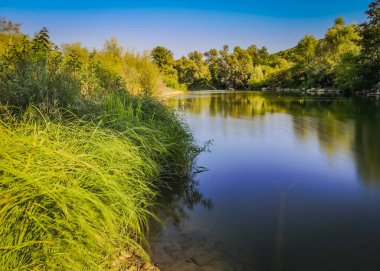 Gün batımında bir dağ nehrinin manzarası