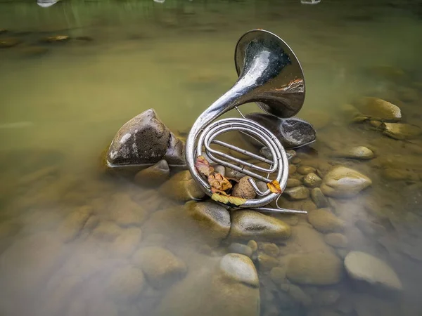 Landscape with French horn in a mountain river