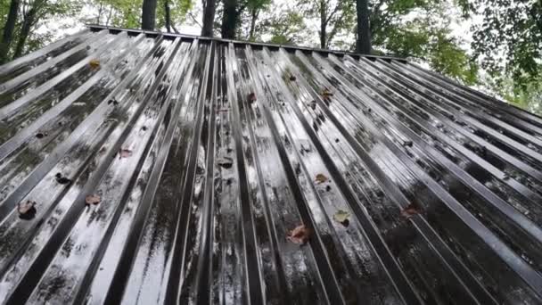 森の中の展望台の鉄の屋根に雨が降る — ストック動画
