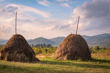 Kırsal kesimlerde samanlıklarla dolu sonbahar manzarası