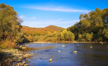 Bir dağ nehrinin sonbahar manzarası