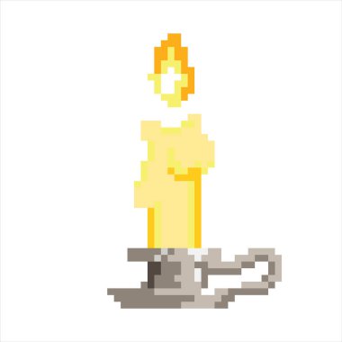 Lighted candle on a stand in the pixel art style on a white background