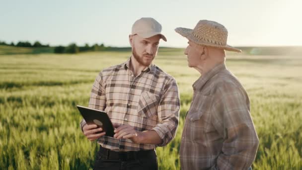 男が古い農家の情報をタブレットに表示している。彼らは収穫について議論している。その老人は帽子をかぶっている。背景に夕日。4K — ストック動画