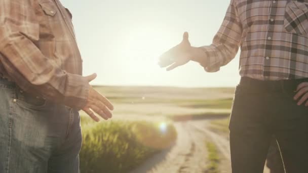 Dois agricultores estão a apertar as mãos. Contra o pano de fundo deles é o pôr do sol. Estão ao pé do campo. A câmera está focada em suas mãos. 4K — Vídeo de Stock