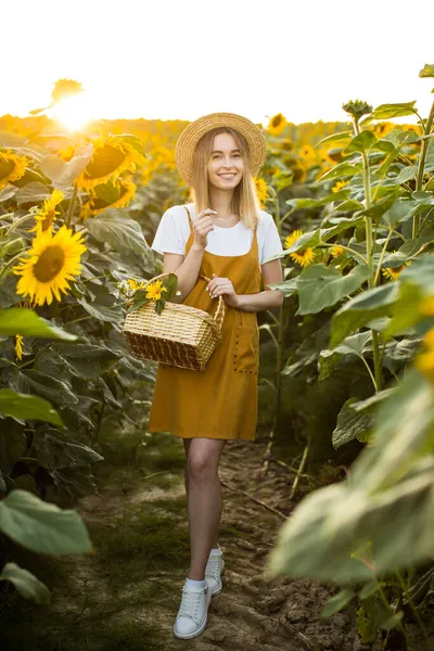 Gülümseyen bir kadın bir sepet çiçek taşıyor. O, bir ayçiçeği tarlasında duruyor. Kameraya bakıyor ve gülümsüyor. Gün batımı.