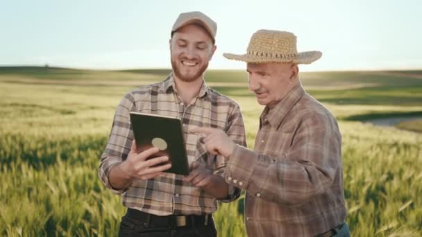 Человек показывает старую фермерскую информацию на планшете. Они обсуждают урожай. Они улыбаются. Старый фермер в шляпе. Закат на заднем плане. 4K — стоковое видео