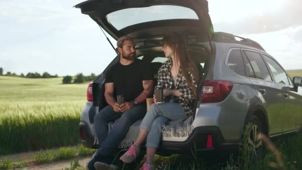 Couple sitting in car trunk during date among green field — Stockvideo