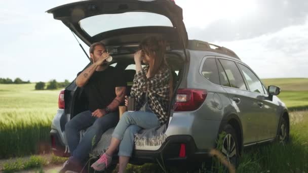 Man and woman sitting in car trunk among green field — Stockvideo