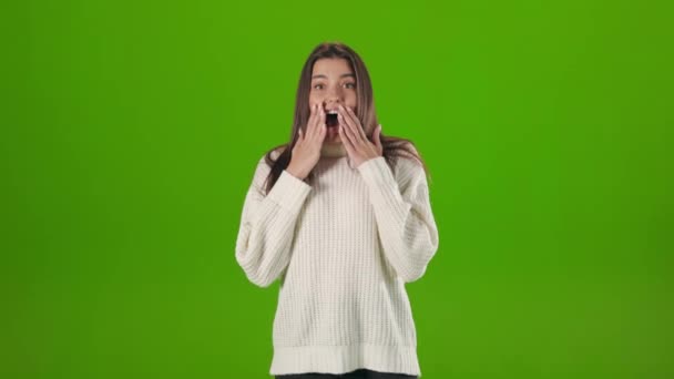 Excited woman open mouth from unexpected surprise in studio — Stockvideo