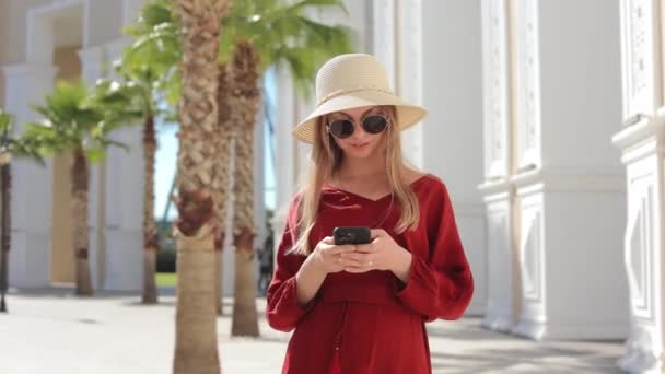 Mujer con teléfono inteligente caminando en el parque de entretenimiento turco — Vídeos de Stock
