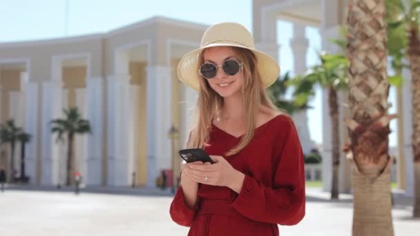 Mujer usando el móvil mientras está de pie entre el parque temático — Vídeos de Stock