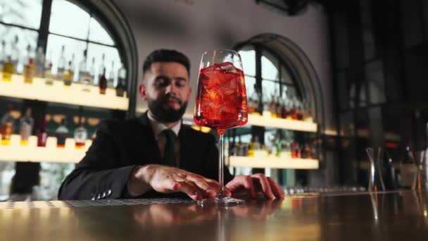 Handsome Caucasian Man Black Suit Tie Serving Tasty Alcoholic Drink — Stock Video