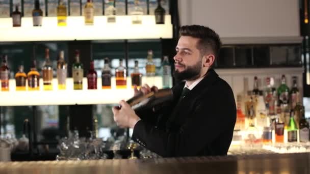 Kaukasischer Bärtiger Mann Schwarzen Anzug Mixt Cocktail Stahlshaker Während Hinter — Stockvideo