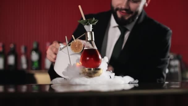 Skillful Caucasian Barkeeper Black Stylish Suit Decorating Alcoholic Cocktail Smoke — Stock Video