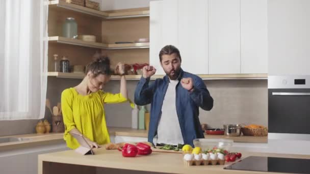 Attractive Wife Husband Dancing Having Fun While Cooking Healthy Meal — Stock Video